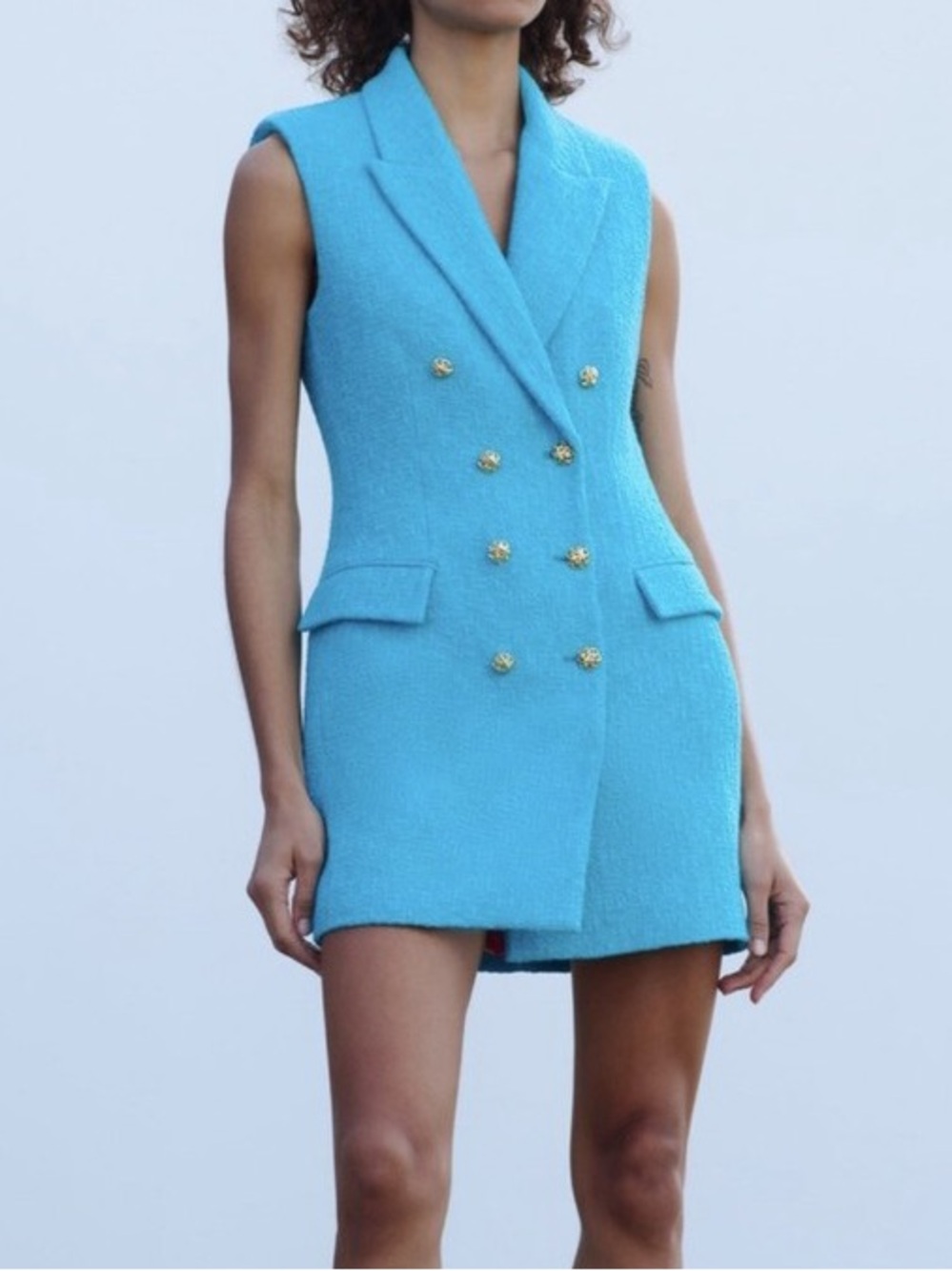 Zara Double-Breasted Sleeveless Dress in Bright Turquoise - Picture 3 of 4